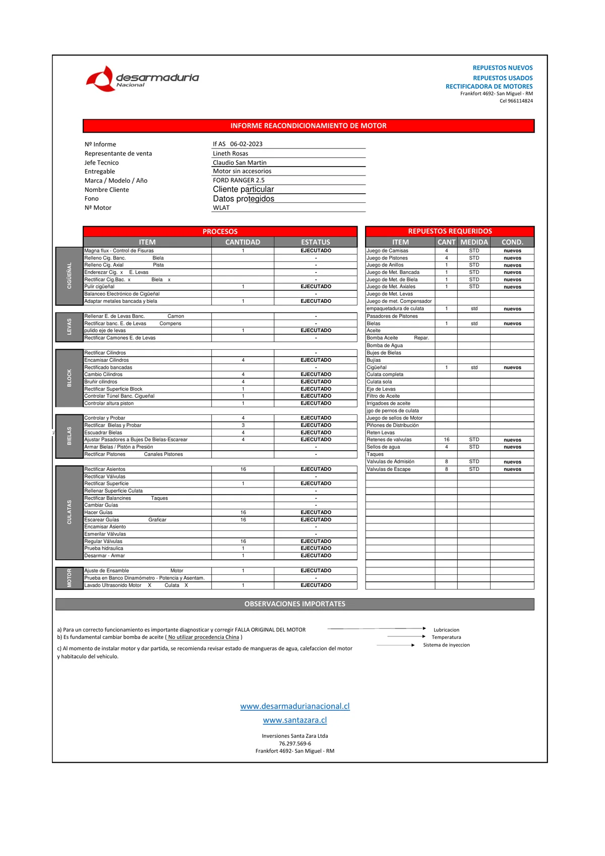 Vista previa anonimizada de informe técnico real de reacondicionamiento Ford Ranger 2.5